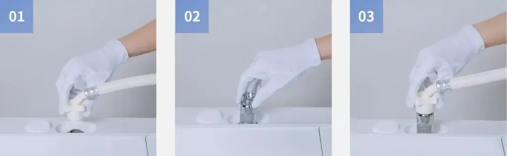 まわしてつけるだけ！
簡単3ステップ取り付け洗濯ホースを回して取り外し、間につけるだけ！